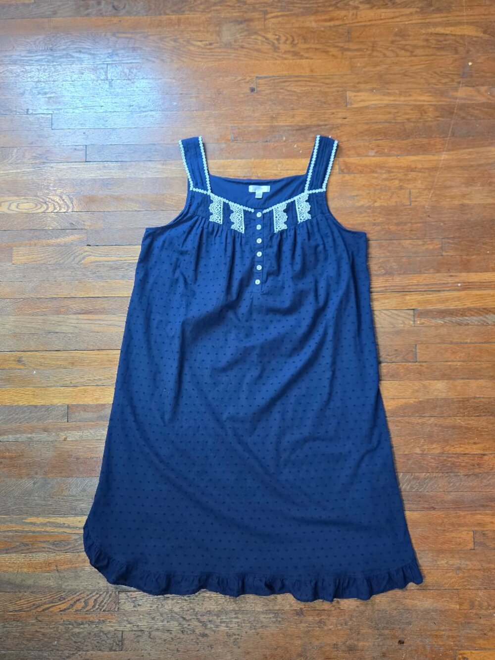 Navy Lightweight Cotton Night Gown With White Lace Trim